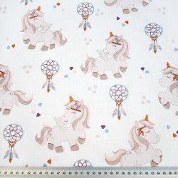 Cotton 100% beige unicorns and dream catchers on a white background