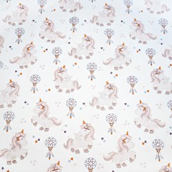 Cotton 100% beige unicorns and dream catchers on a white background