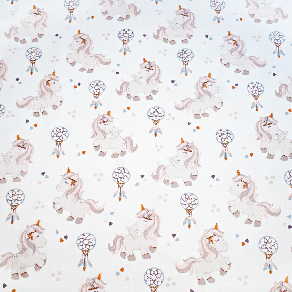 Cotton 100% beige unicorns and dream catchers on a white background