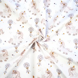 Cotton 100% beige unicorns and dream catchers on a white background