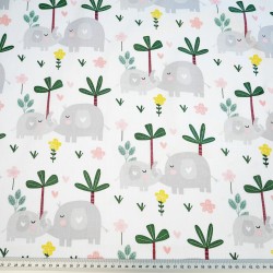 Cotton 100% elephants with palm trees on a white background