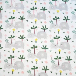 Cotton 100% elephants with palm trees on a white background