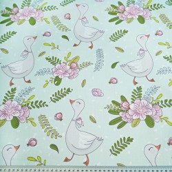 Cotton 100% geese birds with flowers on a mint background