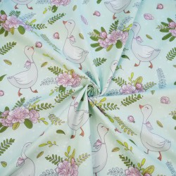 Cotton 100% geese birds with flowers on a mint background