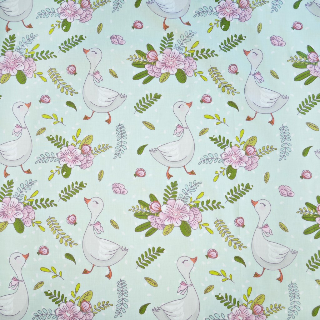 Cotton 100% geese birds with flowers on a mint background