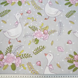 Cotton 100% geese birds with flowers on a gray background