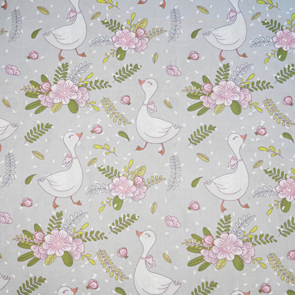 Cotton 100% geese birds with flowers on a gray background