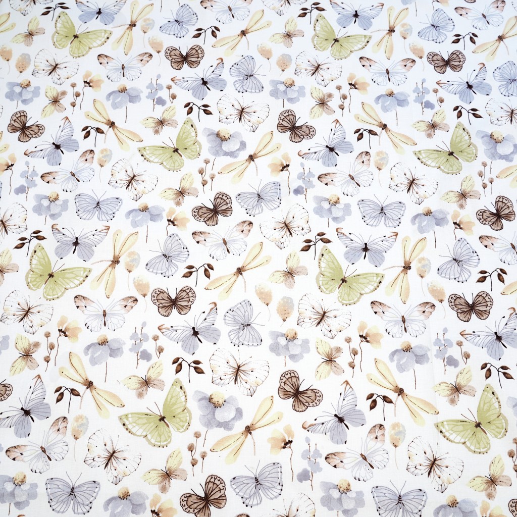 Cotton 100% beige-gray butterflies and dragonflies