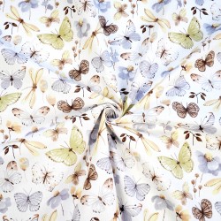 Cotton 100% beige-gray butterflies and dragonflies