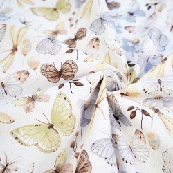 Cotton 100% beige-gray butterflies and dragonflies