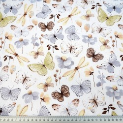 Cotton 100% beige-gray butterflies and dragonflies