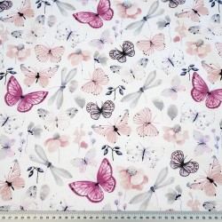 Cotton 100% pink-gray butterflies and dragonflies