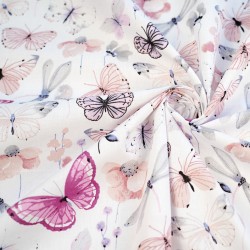 Cotton 100% pink-gray butterflies and dragonflies