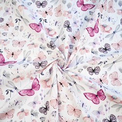 Cotton 100% pink-gray butterflies and dragonflies