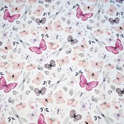 Cotton 100% pink-gray butterflies and dragonflies