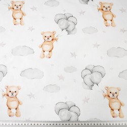 Cotton 100% beige teddy bears with gray balloons on a white background