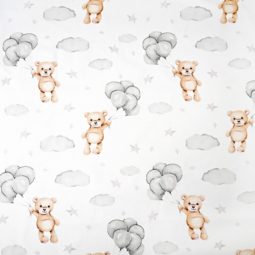 Cotton 100% beige teddy bears with gray balloons on a white background