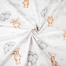 Cotton 100% beige teddy bears with gray balloons on a white background