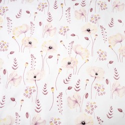 Cotton 100% pastel ecru poppies flowers on a white background