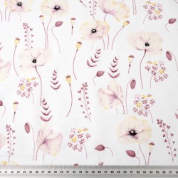 Cotton 100% pastel ecru poppies flowers on a white background