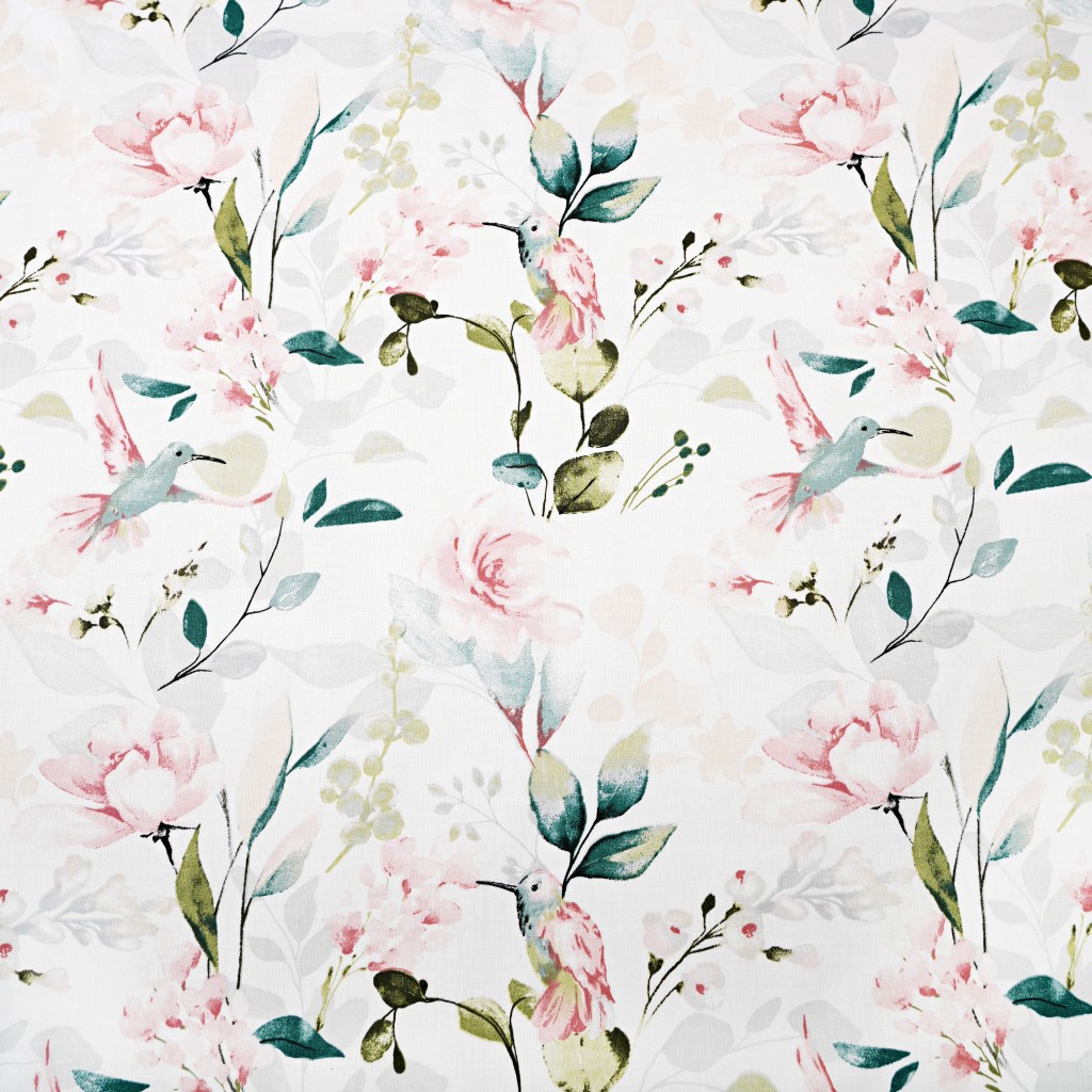 Cotton 100% small peony flowers with hummingbirds on white background