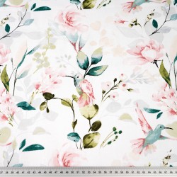 Cotton 100% small peony flowers with hummingbirds on white background