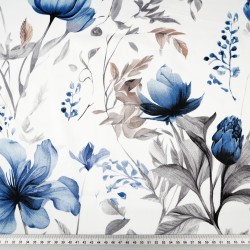 Patterned cotton satin with blue-beige flowers on a white background