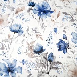 Patterned cotton satin with blue-beige flowers on a white background