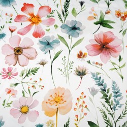 Patterned cotton satin with pink apricot turquoise field flowers on a white background