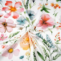 Patterned cotton satin with pink apricot turquoise field flowers on a white background