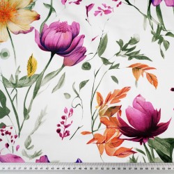 Patterned cotton satin with purple-beige flowers on a white background