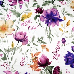 Patterned cotton satin with purple-beige flowers on a white background