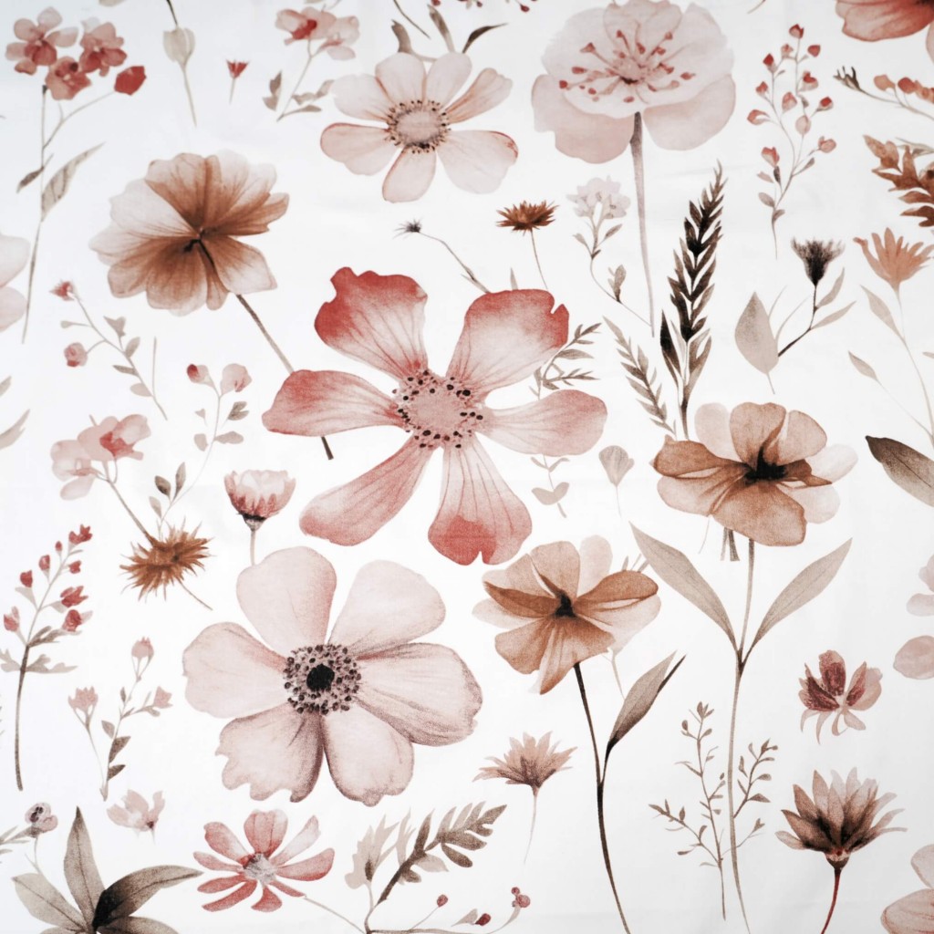 Patterned cotton satin with brown-beige wildflowers on a white background