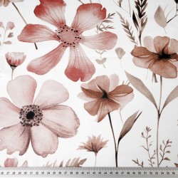 Patterned cotton satin with brown-beige wildflowers on a white background