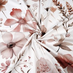 Patterned cotton satin with brown-beige wildflowers on a white background