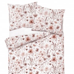 Patterned cotton satin with brown-beige wildflowers on a white background