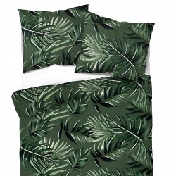 Patterned cotton satin with large green leaves with glitter