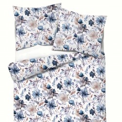 Patterned cotton satin with blue-beige flowers on a white background