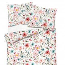 Patterned cotton satin with pink apricot turquoise field flowers on a white background