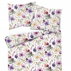 Patterned cotton satin with purple-beige flowers on a white background