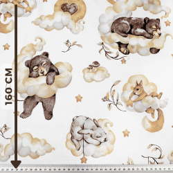 Cotton 100% sleeping animals with brown and beige gingerbread cookies on a white background