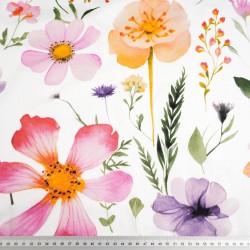 Patterned cotton satin with pink apricot violet field flowers on a white background