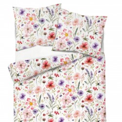 Patterned cotton satin with pink apricot violet field flowers on a white background