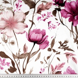 Patterned cotton satin with pink and beige flowers on a white background