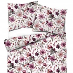 Patterned cotton satin with pink and beige flowers on a white background