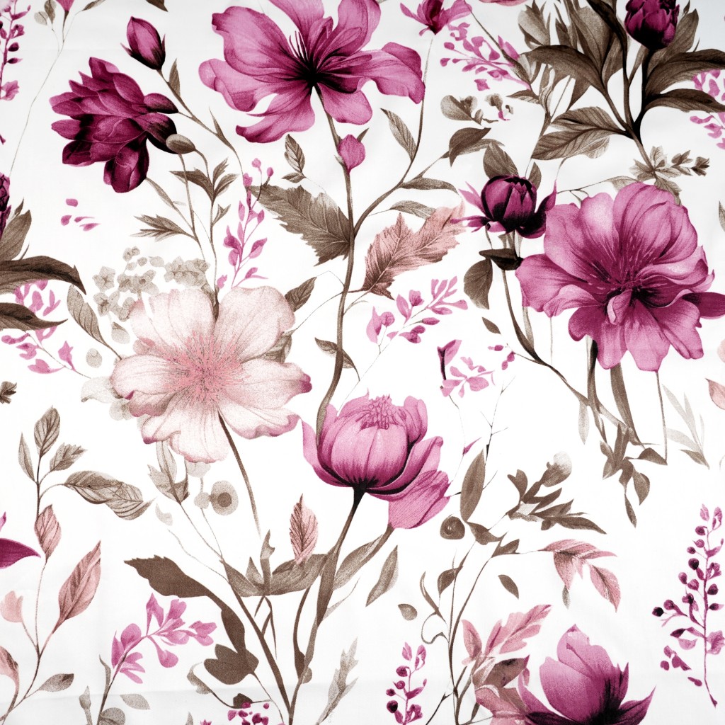 Patterned cotton satin with pink and beige flowers on a white background