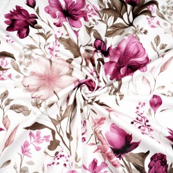 Patterned cotton satin with pink and beige flowers on a white background