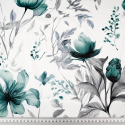 Patterned cotton satin with green and grey flowers on a white background