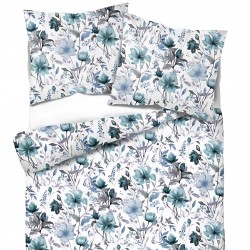 Patterned cotton satin with green and grey flowers on a white background