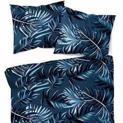 Patterned cotton satin with large navy blue leaves with glitter